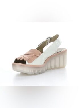 Fly London BIND303 Chunky Peep Toe Loafer Sandals Off White/Tan Stylish Twee